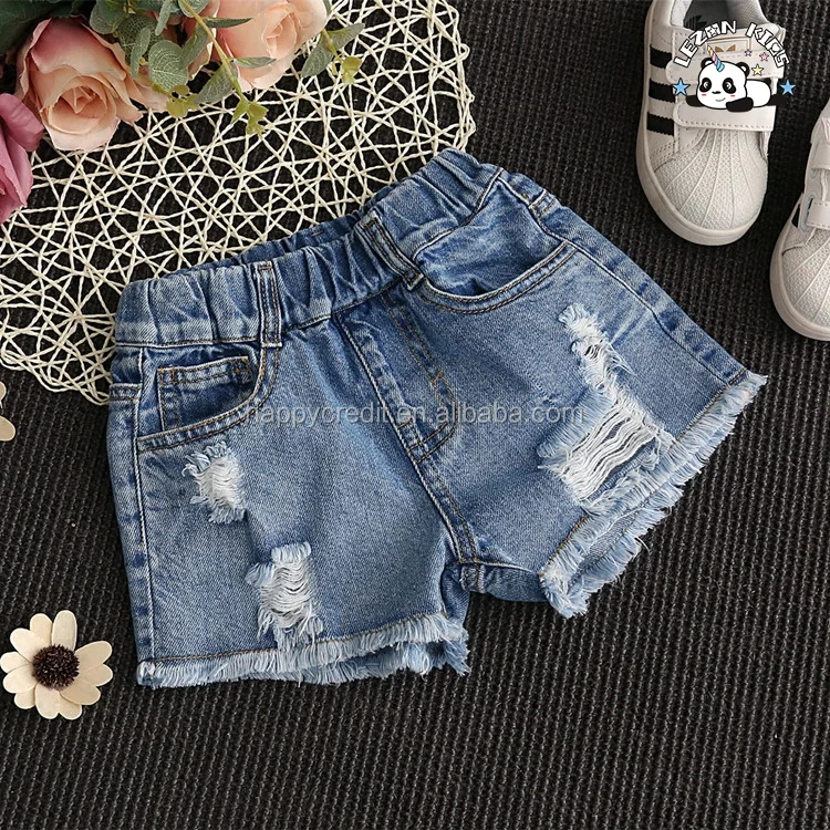 LEZONKIDS - Custom Kids Denim Shorts Mid Waist Casual Western Style Ripped Raw Edge Elastic Waist Cotton Fabric Hot Shorts Pattern Washed